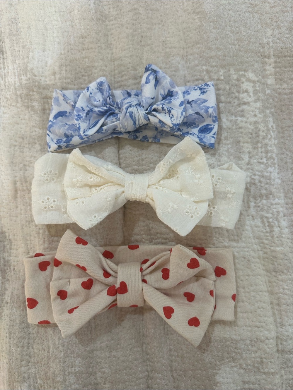 Bow Headband Set - Blue Floral, Cream Lace & Red Heart